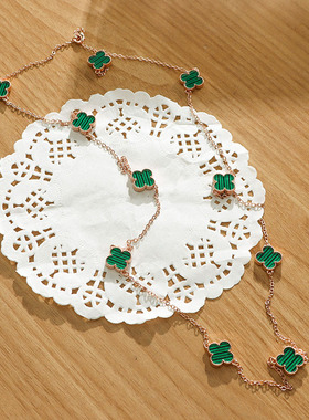 百搭双层欧美玫瑰金双面贝母红绿黑白色四叶草毛衣链长款项链女