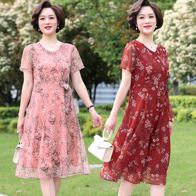 歌芳妮女装旗舰店中老年女装中长款连衣裙加肥加大码中年妈妈装过膝裙洋气短袖夏装1