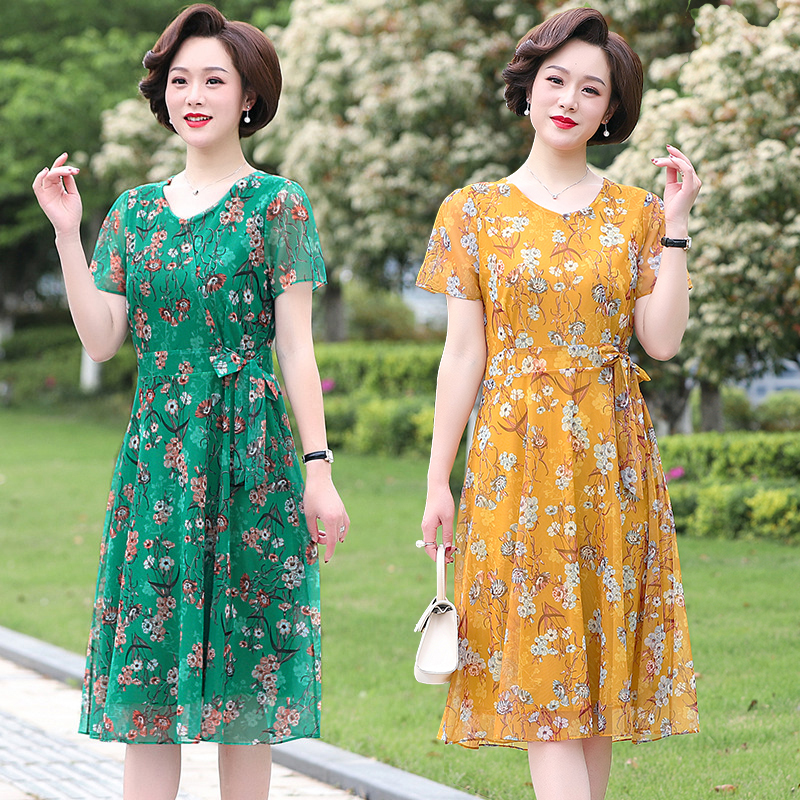 歌芳妮女装旗舰店中老年女装中长款连衣裙加肥加大码中年妈妈装过膝裙洋气短袖夏装2