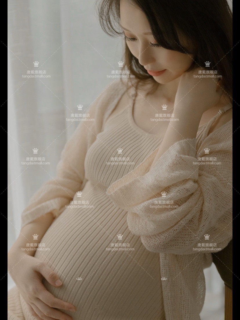 孕妇写真服装唯美卡其色开衫裙照片 唐戴影楼服装