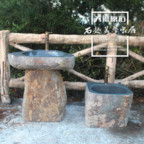 Natural Stone Wash Basin Courtyard Green Stone Wash Basin Outdoor Garden Pool Retro Art Goose Pebble Column Basin