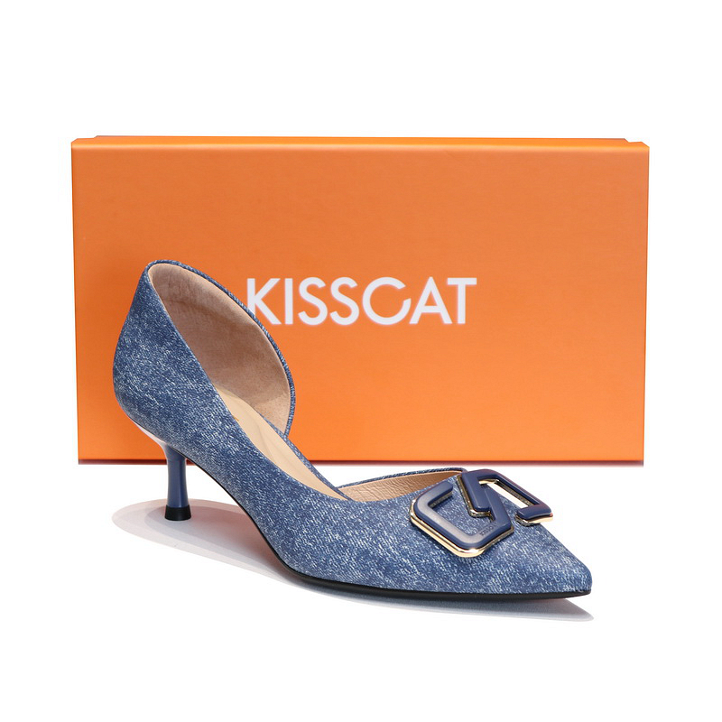 KISSCAT接吻猫2023新款正品羊皮尖头细高跟侧空女单鞋KA43509-17 - 图1