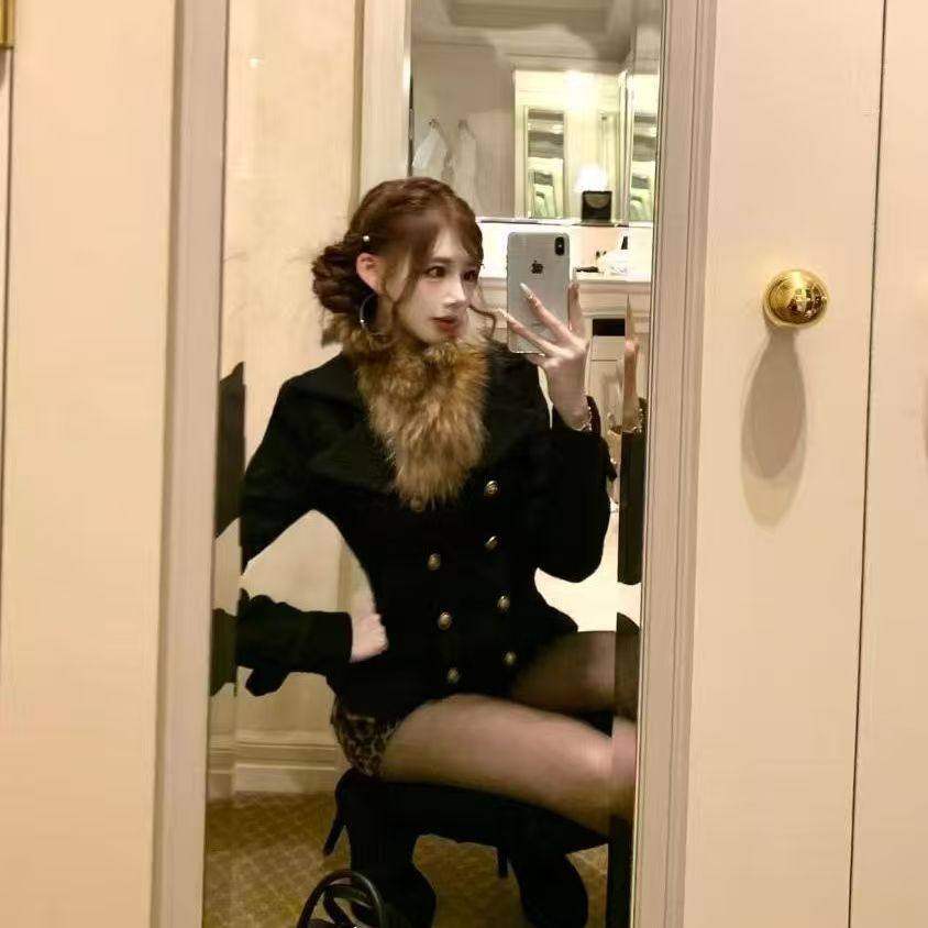 涩谷辣妹风复古毛领双排扣+毛呢外套和豹纹性感半身裙套装,淘宝优惠券,粉丝福利购,淘宝优惠卷