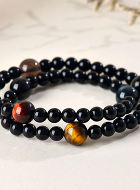 批发天然黑曜石虎眼石双圈手链个性潮流星球宇宙男女网络爆款手串