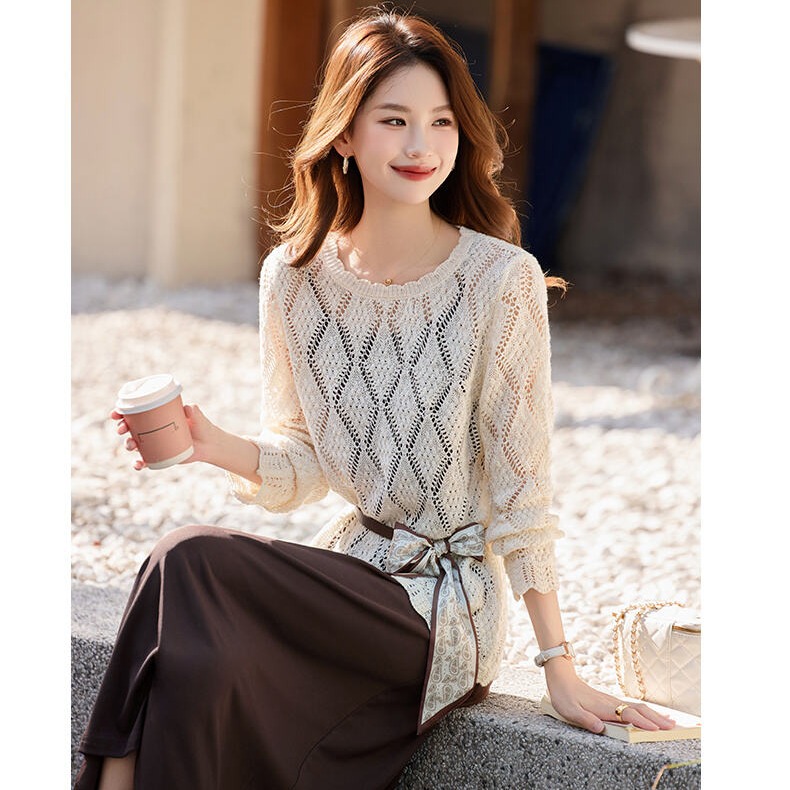 创宙 秋季实拍简约风大方设计感气质针织长袖裙穿搭套装背带连衣裙女装