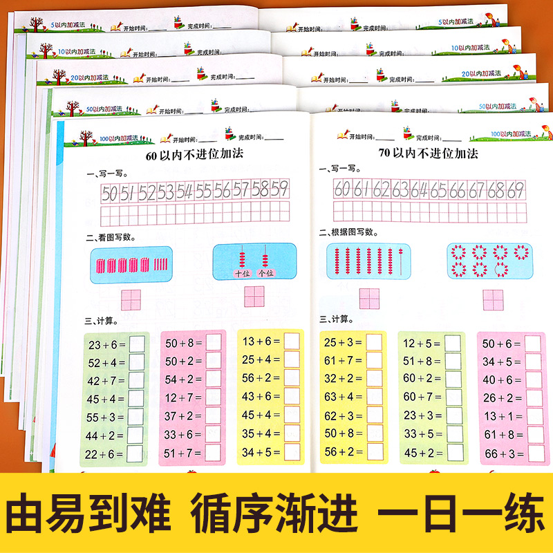 幼小衔接数学启蒙思维训练全套5册 5/10/20/50/100以内加减法练习册天天练幼儿园小中大班教材用书口算速算作业本算术题HC-图1