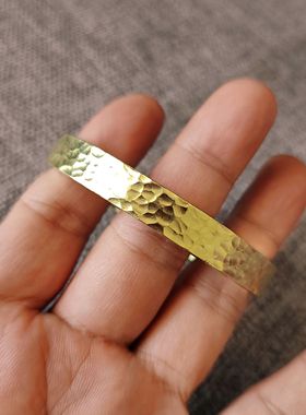 黄铜纯铜手镯平面锤纹时尚手工镯子金黄色实心纯铜