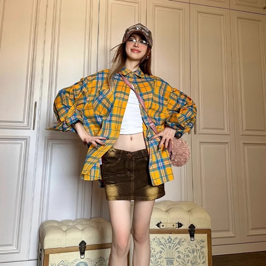 美式复古黄色格子长袖衬衫女春秋季薄款外穿休闲宽松防晒外套上衣