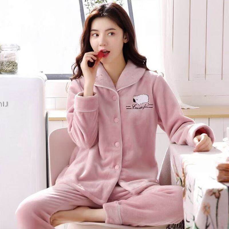 秋冬女士法兰绒睡衣长袖双面绒妈妈装加大码