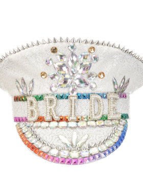 派对水钻新娘帽白色亮片大沿帽字母bride派对帽节日大盖帽Hat Cap