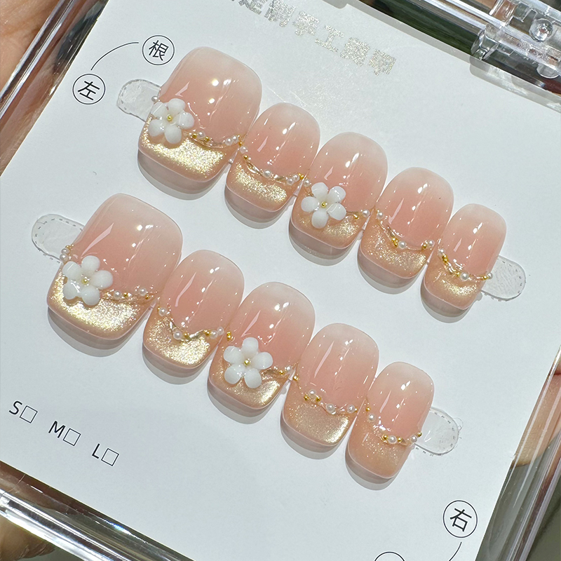 春夏新款温柔显白法式金色猫眼小花美甲手工定制穿戴甲防水可拆卸 - 图2