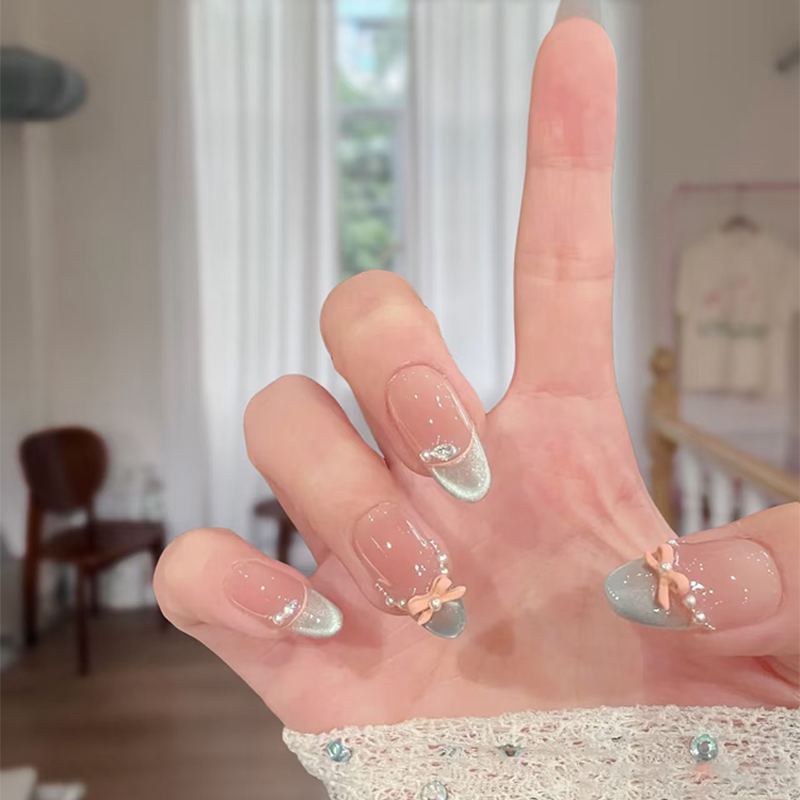 夏日新款温柔显白冰蓝色法式猫眼蝴蝶结美甲成品手工定制穿戴甲 - 图0