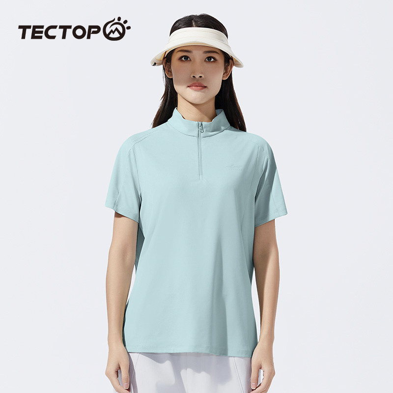 探拓户外夏季女士款宽松透气时尚速干T恤运动休闲短袖立领半开衫,淘宝优惠券,粉丝福利购,淘宝优惠卷