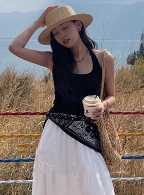 黑色腰果花系腰丝巾腰带女小众