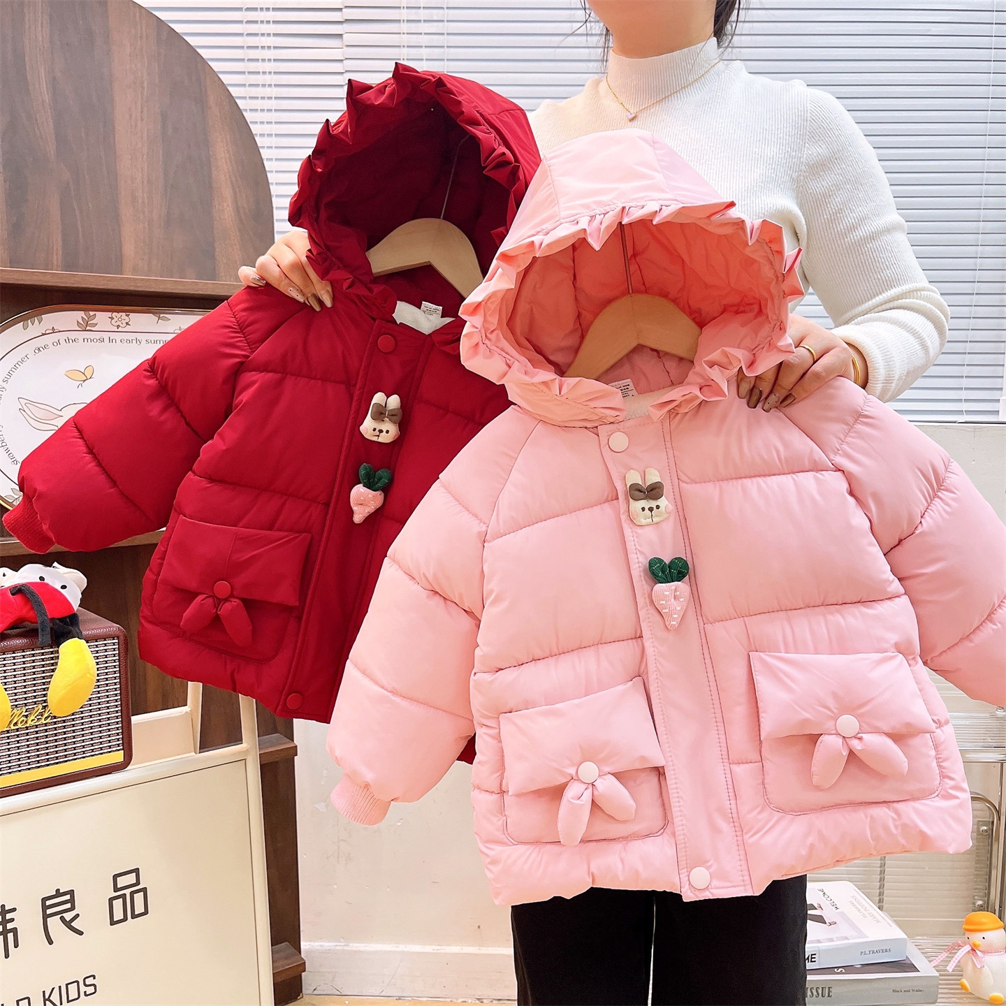 女童加绒加厚棉服2026冬季新款儿童卡通兔子花边连帽保暖棉衣外套,淘宝优惠券,粉丝福利购,淘宝优惠卷