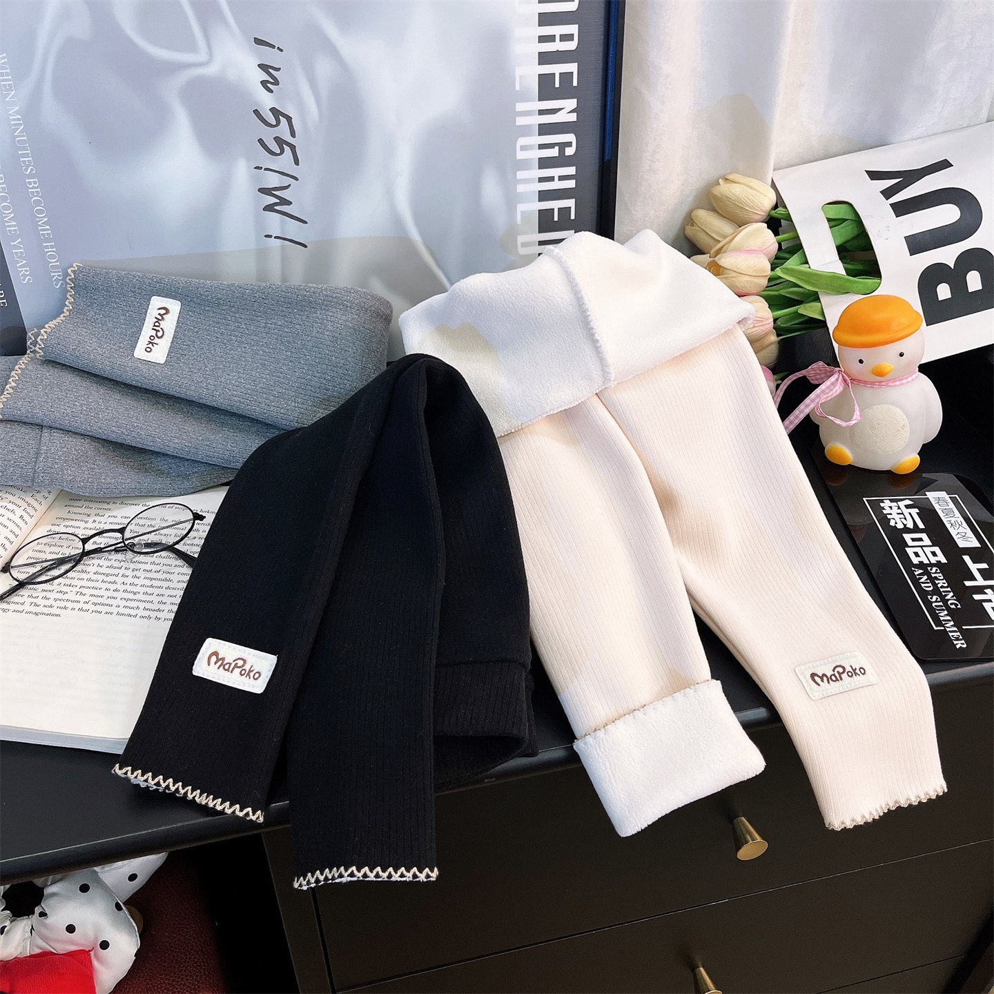 韩韩良品中大童一体绒加厚打底裤2025秋冬季新款花边字母贴标长裤,淘宝优惠券,粉丝福利购,淘宝优惠卷