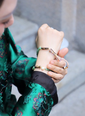 6mm碧玉双圈手链搭配奇楠沉香珍珠镶嵌纯手工手工玉米结编绳单圈