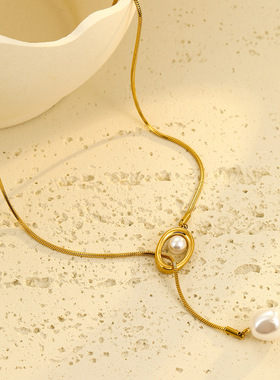 法式复古跨境不锈钢项链珍珠长款可抽拉毛衣链女高级感钛钢锁骨链