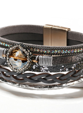 亚马逊热卖欧美多层手工编织天然水晶情侣手链女首饰bracelet饰品