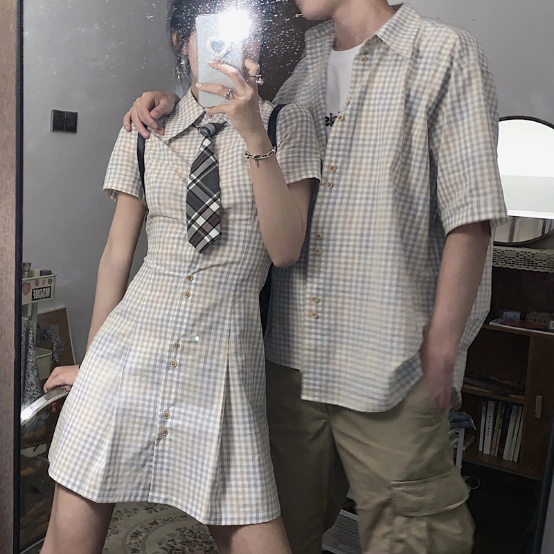 情侣装夏装小众设计感ins超火港风短袖衬衫连衣裙法式一衣一裙潮