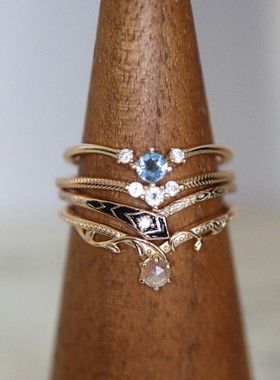 日系复古小众天然托帕石V形戒指拉长 配戒 护戒 叠戴款指环s925银