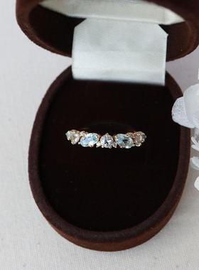 日光海域日系小众同款天然蓝色托帕石宝石水晶复古戒指S925银镀金