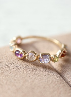 日系A家圣诞限定天然多宝石水晶不规则戒指镂空星空戒指925银镀金