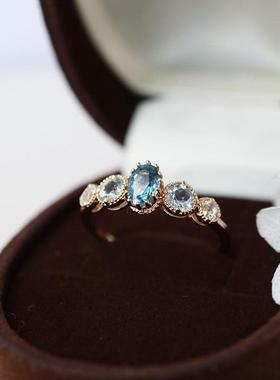 日系小众品牌同款天然渐变蓝色托帕石宝石水晶复古戒指S925银镀金