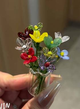 迷你小花束手工淄博琉璃花仿真花小花瓶摆件客厅桌面家居装饰摆设
