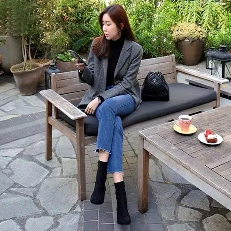 韩国直筒加绒九分毛边新款子牛仔裤 媛纪女装牛仔裤