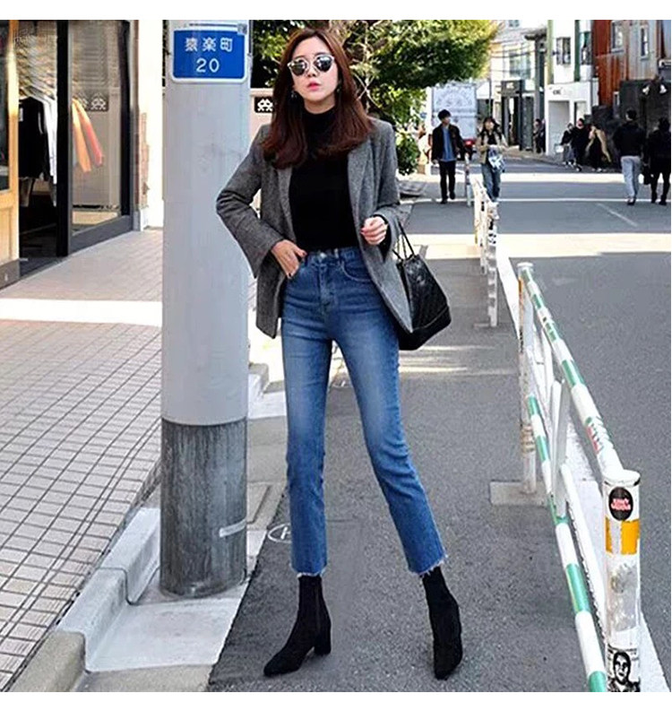 韩国直筒加绒九分毛边新款子牛仔裤 媛纪女装牛仔裤
