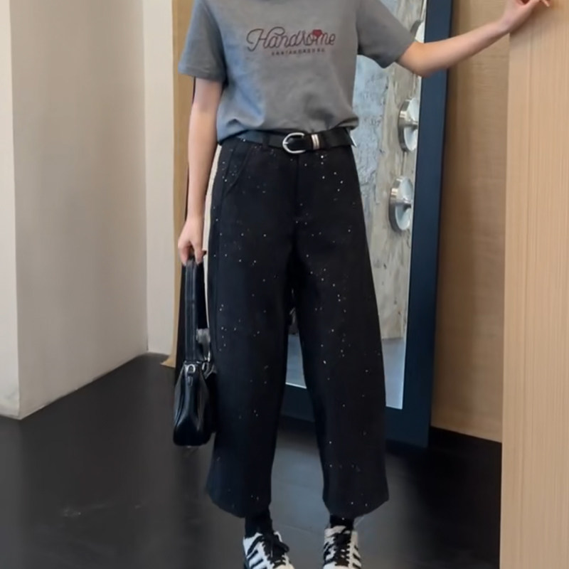 美式辣妹宽松松弛感烫钻高腰裤子女复古显瘦闪闪满天星九分直筒裤,淘宝优惠券,粉丝福利购,淘宝优惠卷