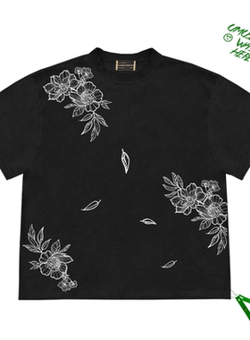 古风Short Sleeve Tee手绘线条画插画花卉图案小众高级感短袖上衣