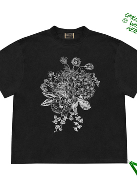 复古Short Sleeve Tee手绘线条画插画花卉flowers 图案短袖上衣