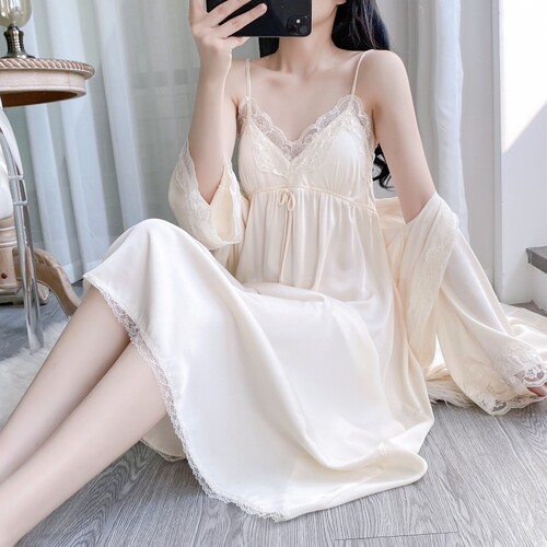新款睡衣女春秋冰丝长袖睡袍法式夏季蕾丝吊带睡裙带胸垫家居服 - 图0