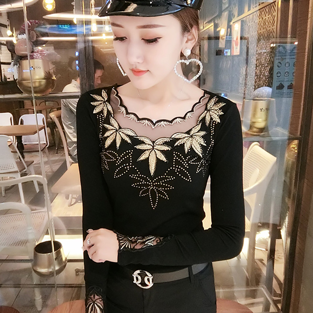 蕾丝低领修身洋气2020春秋新款小衫 承裳韩T恤