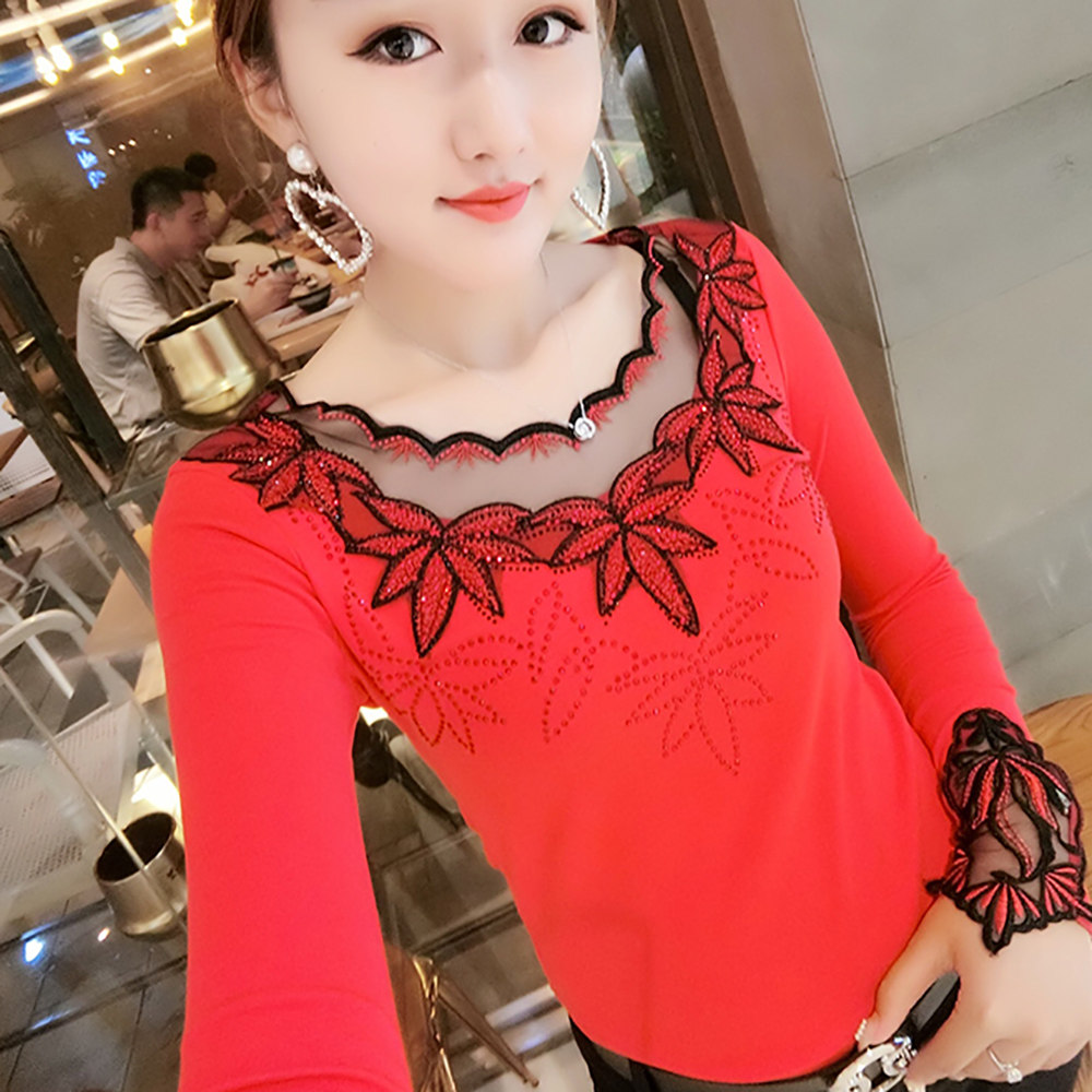 蕾丝低领修身洋气2020春秋新款小衫 承裳韩T恤