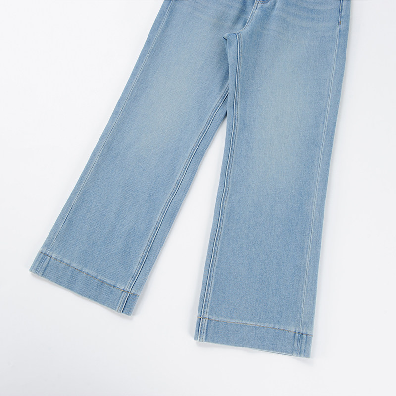 酒窝桃子大码宽脚边牛仔裤直筒显瘦遮肉后腰松紧春季水洗浅色,淘宝优惠券,粉丝福利购,淘宝优惠卷