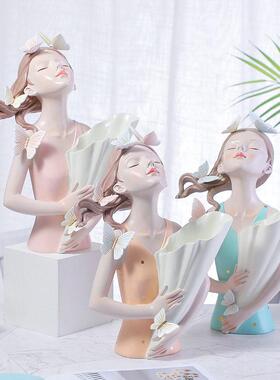 北欧蝴蝶女孩花树脂工艺品创意家居桌面软装装饰品轻奢花盆摆件