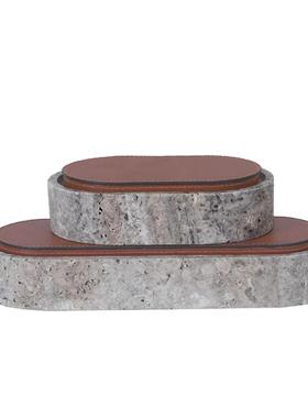 现代创意银灰洞石树脂皮革储物盒抽象摆件样板间售楼处玄关