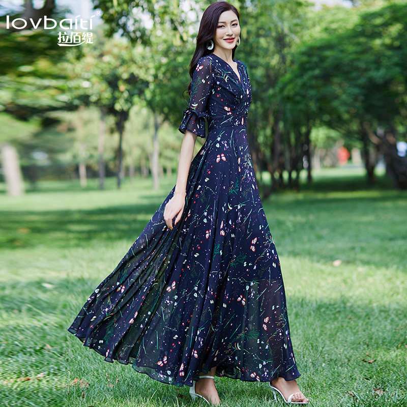 雪纺碎花2020新款夏荷叶袖气质长裙 拉佰缇连衣裙