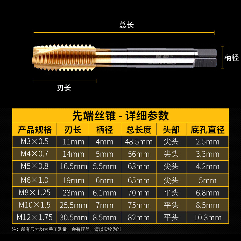 俊拓 含钴先端机用丝锥丝攻 不锈钢专用攻丝螺旋丝锥m3m4m8m10m12 - 图3