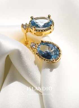 ISLANDIO纯银镀金法式蓝宝石耳钉