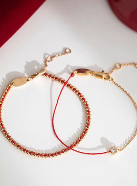 不掉色法国红绳手链钛钢镀18k镶钻单钻红绳本命年红绳