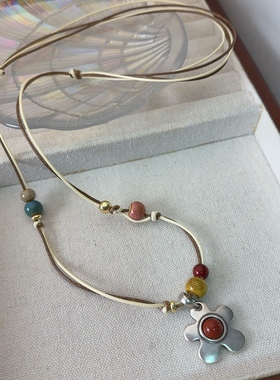 新款复古风天然石斑点石花朵项链女小众独特设计高级感毛衣链