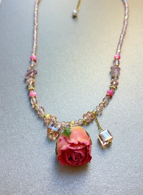 复古罗丽塔风粉色串珠玫瑰花吊坠项链女水晶锁骨链甜美饰品