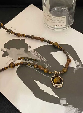 新款虎眼石串珠叠戴项链女秋冬复古轻奢小众时尚百搭颈链毛衣链