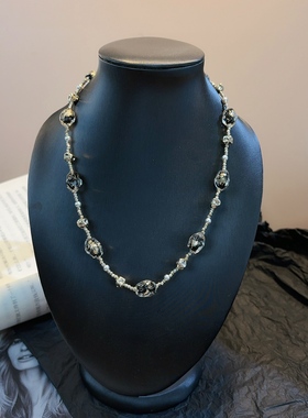 水晶玻璃珠项链女金属链条透明黑色吊坠锁骨链朋克风