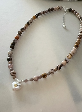 新款项链天然石时尚串珠虎眼石珠珠项链优雅银色小桃心吊坠锁骨链