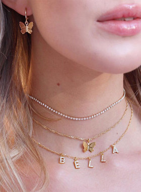 欧美ins锆石字母吊坠钻链choker